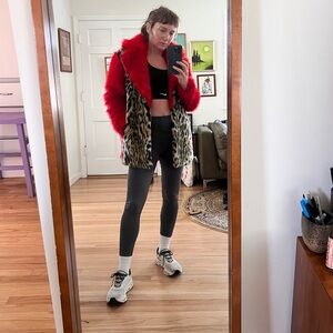 Jakke Sarah Faux Fur Coat Jacket Red Leopard Pockets Womens US 2 UK 6 New